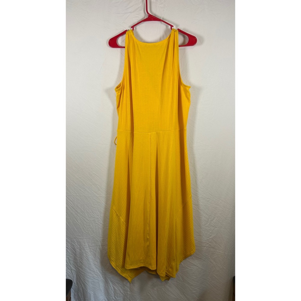 Avon Yellow Ribbed Wrap Handkerchief Hem Midi Dress Plus Size 1X/1T 18W-20W - Picture 3 of 5